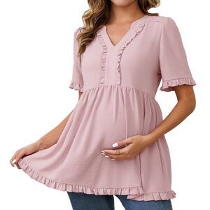 Maternity Boho Ruffled V Neck Short Sleeve Flowy Casual Blouses Dusty Pink